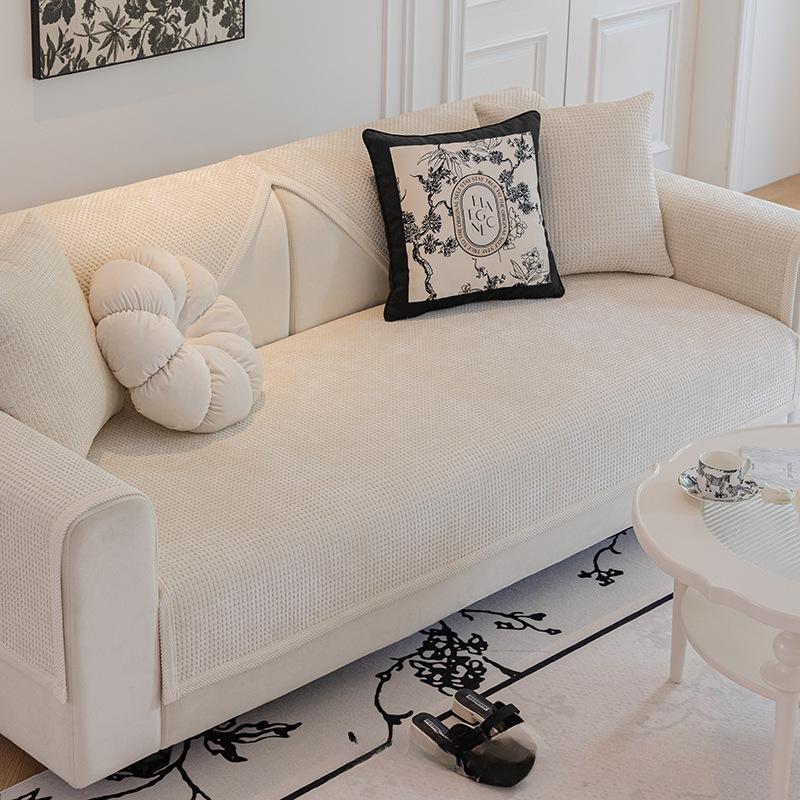 Cremefarbenes Sofakissen im Vier-Jahreszeiten-Stil, universeller Vollbezug, Handtuch, komplett eingewickelter Bezug, Waffelmuster, hochwertiges Sofakissen, rutschfest