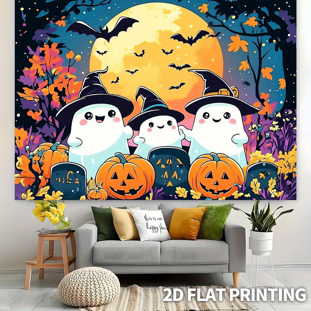 2D Plane, 1 Piece 2D Cute Halloween Cartoon-themed Party Backdrop Fabric, 70.8 × 90.5 Inches