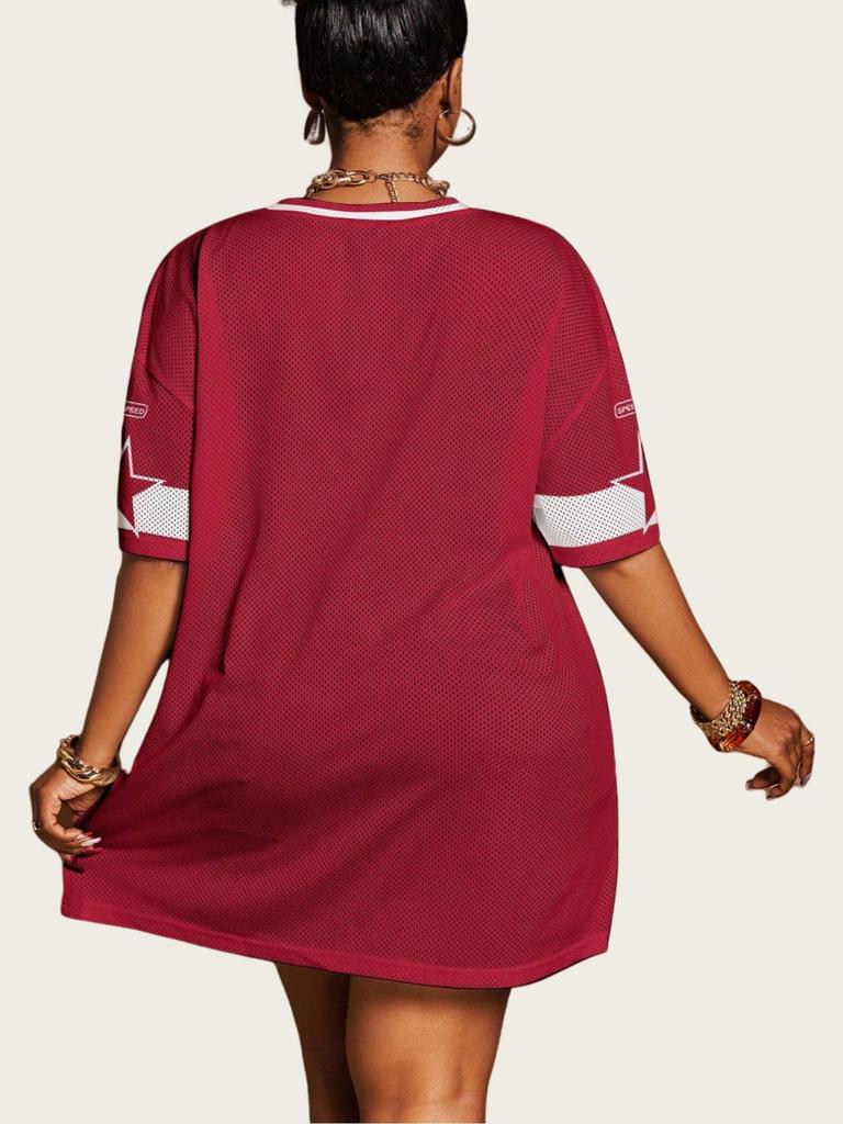 Women's Loose V-Neck Sporty Mesh T-Shirt with Digital Print