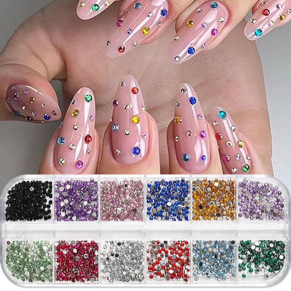 12Grids 3D Colorful 2mm Round Nail Diamond Gems 12colors Glitter Crystal Nail Rhinestones Flatback Resin Luxury Nail Decoration