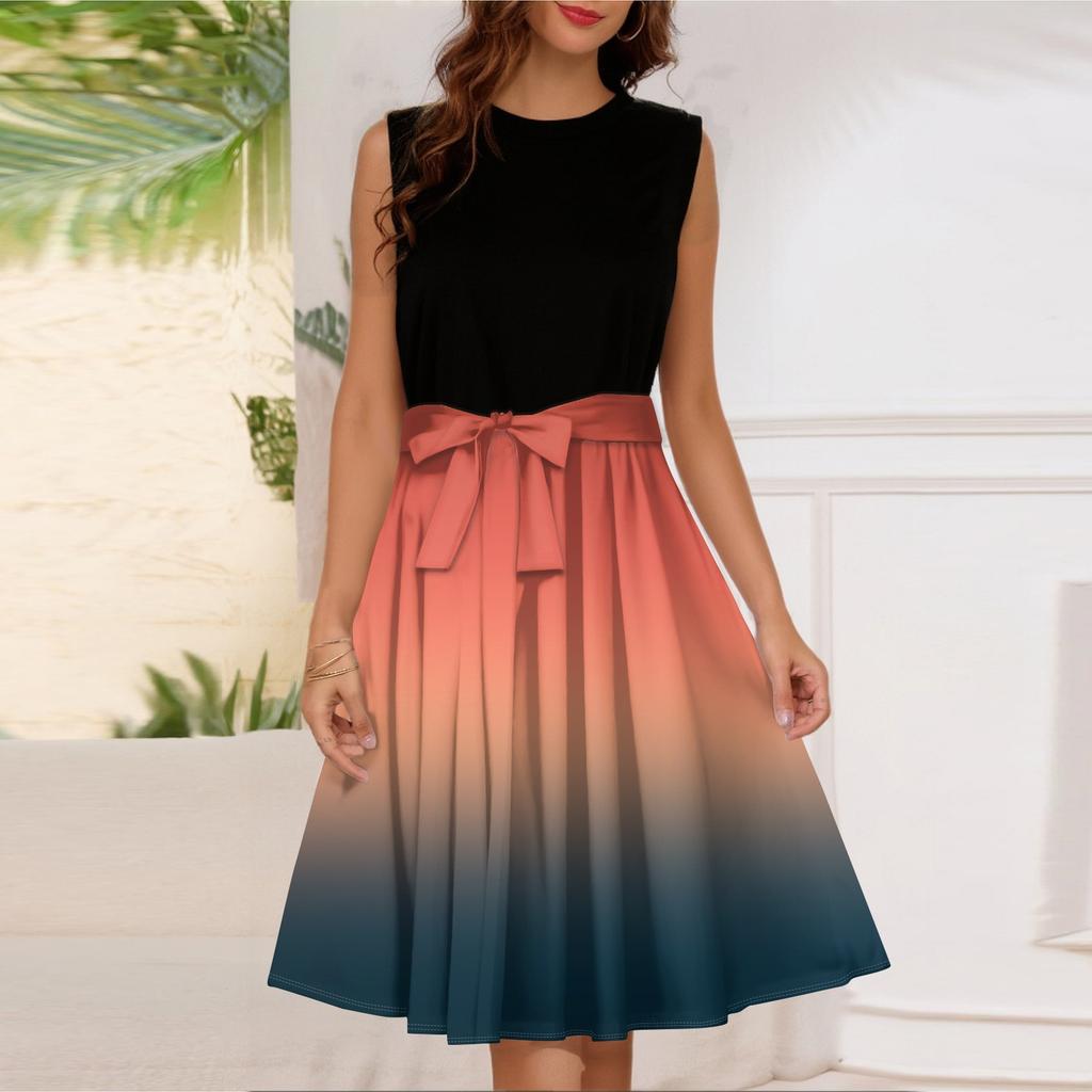 Women's Fashion Casual Lace-up Sleeveless Round Neck Splicing Short Dress
