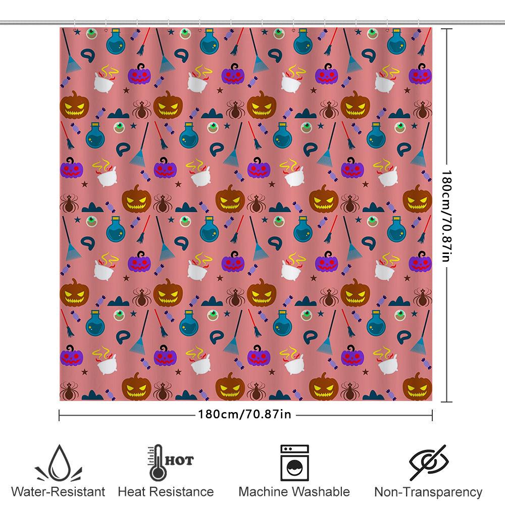 Halloween-Themed Shower Curtain Featuring Pumpkins, Brooms, Spiders, And Witches Hats In Pink Background With Colorful Patterns