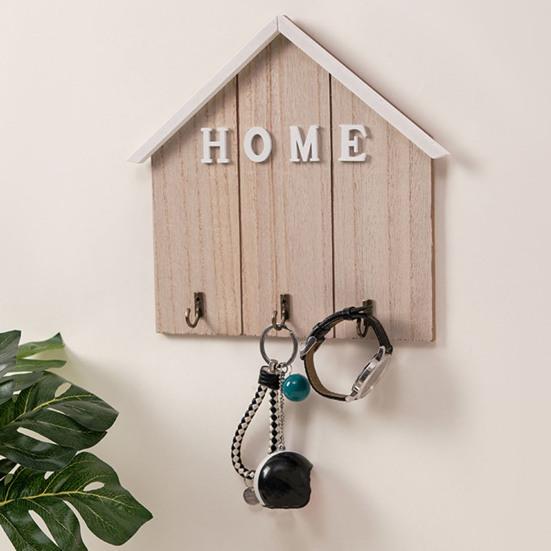 Wall Mount Key Holder Wooden House Shaped Keychain Organizer with 3 Hooks Rustic Key Rack for Entryway Bathroom Hallway Kitchen