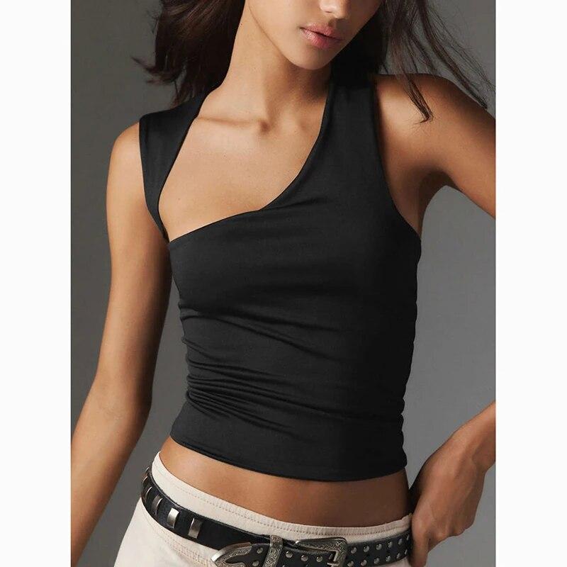 Summer  Hollow Irregular Neck Y2K Tank Tops Women Open Back Sexy Crop Tops T-shirt Casual Slim Fit Tanks Top For Women 30598