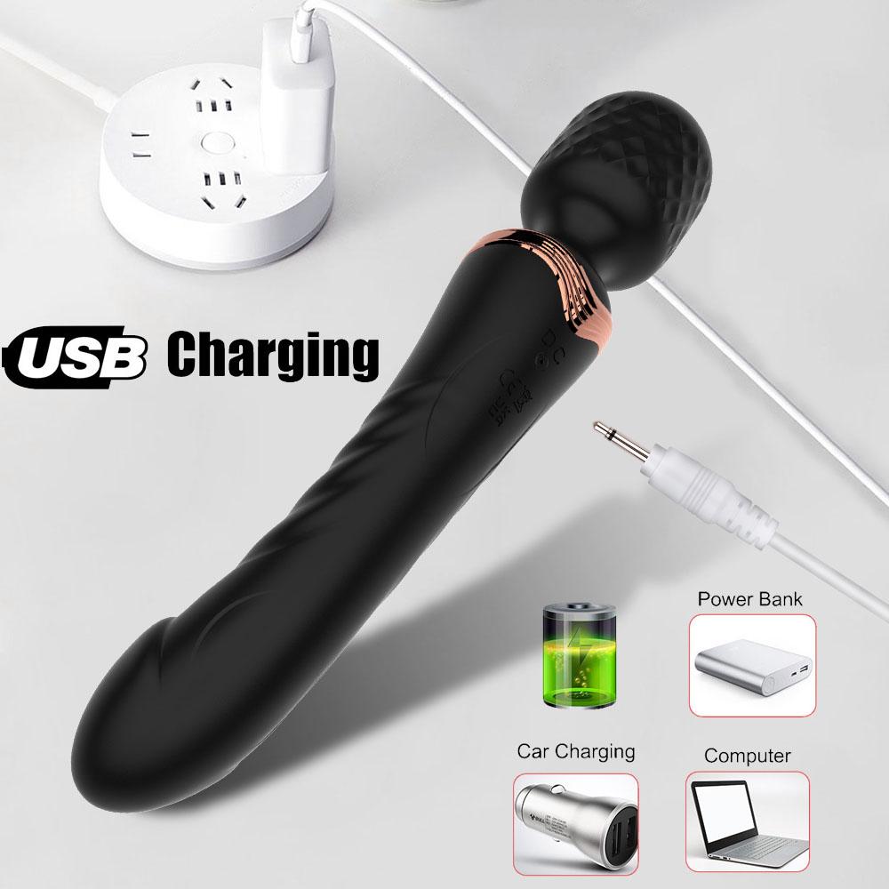 Dobbelmotor Magisk Tryllestav Vibrator 10 Moduser G-punkt Massasjeapparat Oppladbart Litiumbatteri Klitorisstimulator Dildo for Kvinner Anale Plugg Leker for Voksne