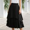 Women Midi Skirt Elastic High Waist Double Layer Irregular Hem Halloween Skirt Pure Color A-Line Slimming Design Leisure Skirt