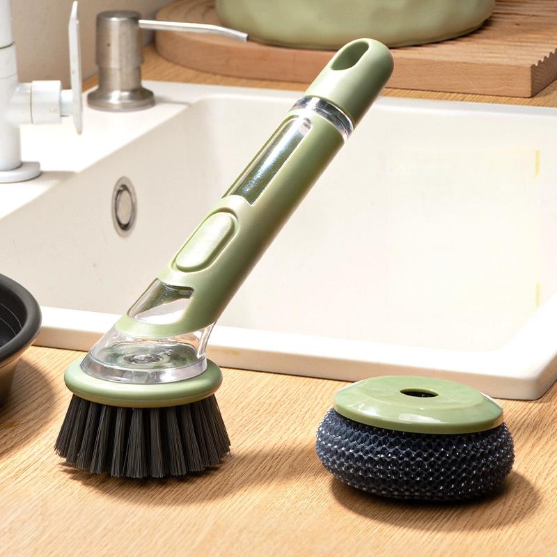 Creative Kitchen Pan Brush Non-Slip Press To Dispense Automatic Liquid Dishwashing Brush Long Handle Press Cleaner