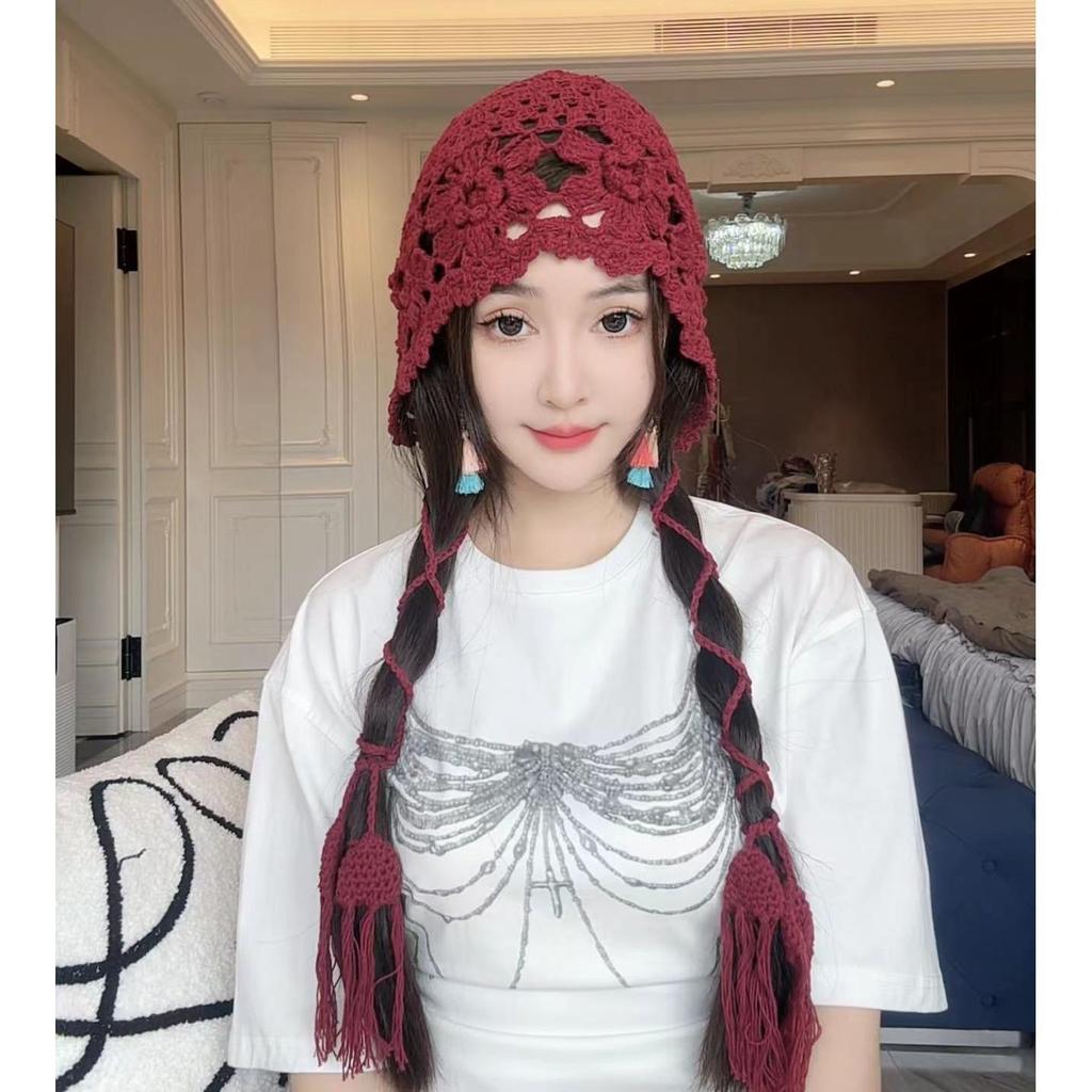 Handmade Hats Stacked Thin New Woven Hollow Retro Knitted Literary Bag Head Wool Hat Women