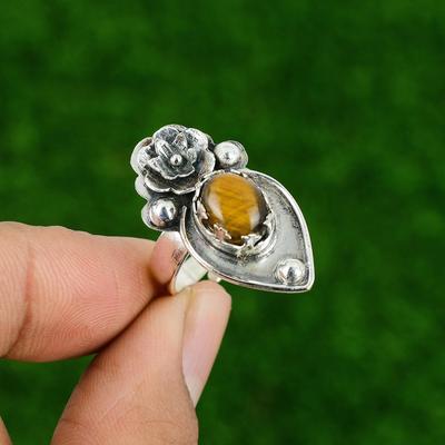 Natural Tiger'S Eye Multi Stone Flower Yellow Adjustable Ring 925 Silver