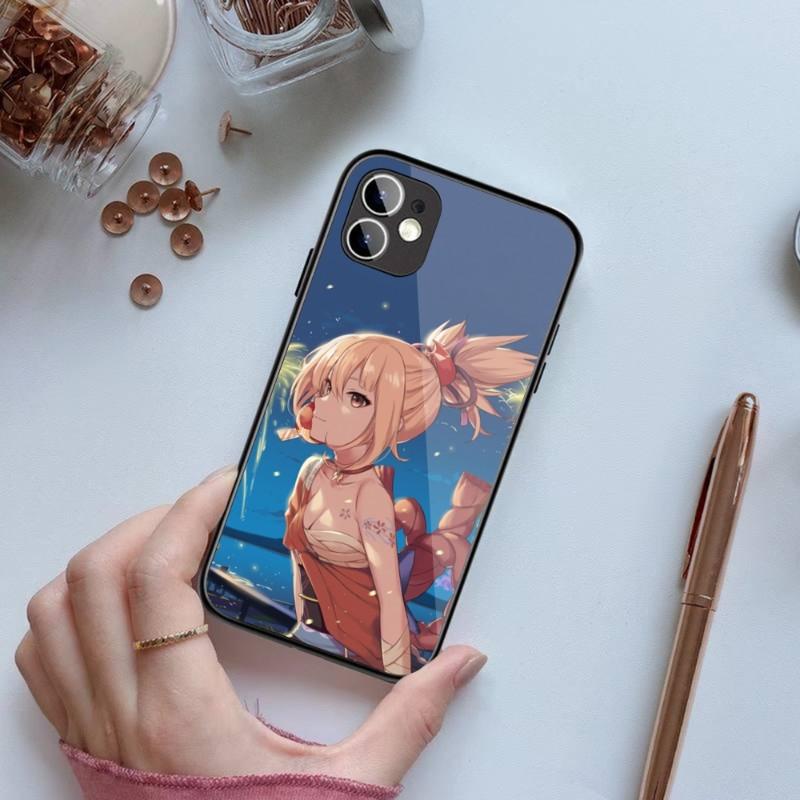 Genshin Impact Yoimiya Handyhülle für IPhone 14 13 12 11 XS X 8 7 6 Plus Mini Pro Max SE 2022 Schwarz PC TPU Glas Handyhülle