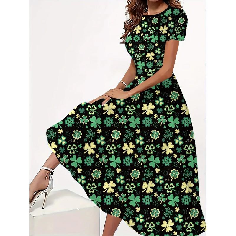 Womens Loose Fit Cotton Print Short Sleeve Round Neck Midi Dress Casual Wear