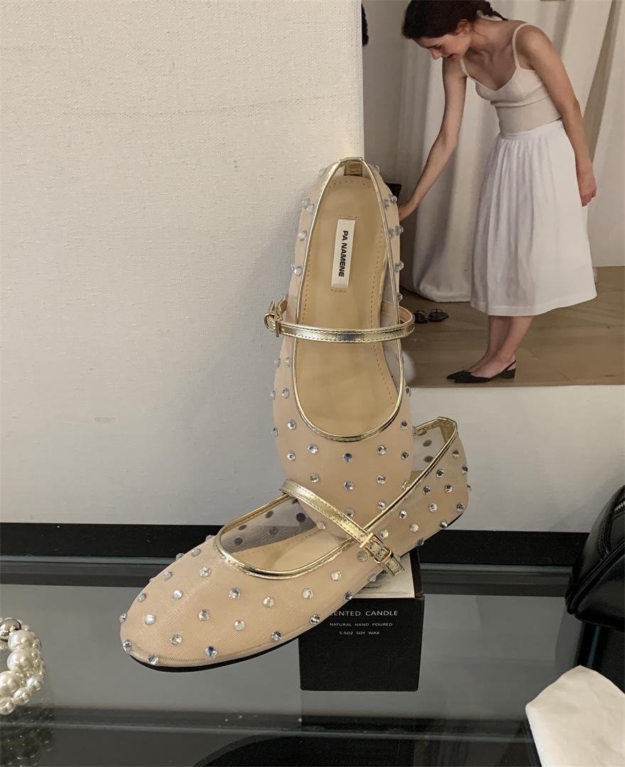 

2025 summer new niche flats soft-soled mesh sandals fairy rhinestone one-word buckle fashion shoes 40 абрикосовый