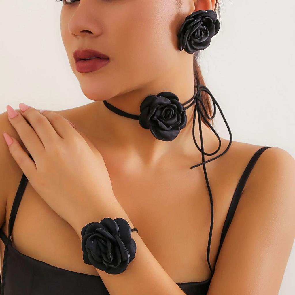Romantic Kpop Big Rose Flower Clavicle Chain Necklace Bracelet Stud Earrings Women Goth Adjustable Rope Choker Y2K Jewelry Set