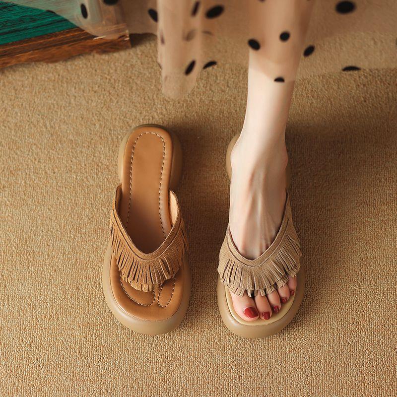 Tassel flip-flops frosted leather cool slippers women's 2025 summer new fashion sandals mid-heel toe slippers