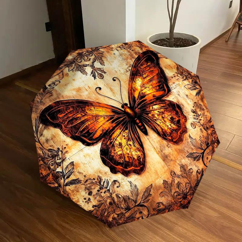 1pc Umbrella Featuring a Butterfly And Floral Design - Perfect for Home, Travel, And Outdoor Use. This Compact, Three-Fold Umb