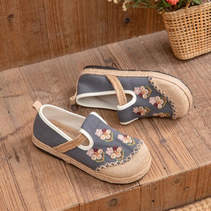 Johnature Pantofi din Pânză Brodați în Stil Etnic, Handmade, din Bumbac și In, cu Talpă Moale, Respirabili, Pantofi Plați de Damă