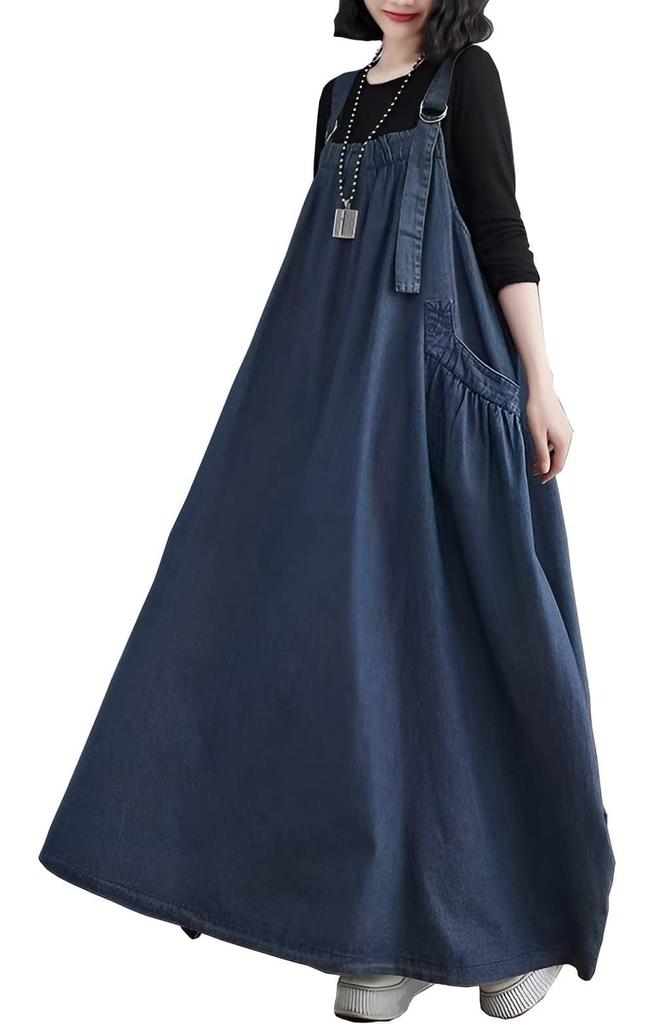 Spring, Summer, Autumn and Winter Craft Denim Fried Color Color Retro Loose and Skinny Denim Strap Skirt Long Pendulum