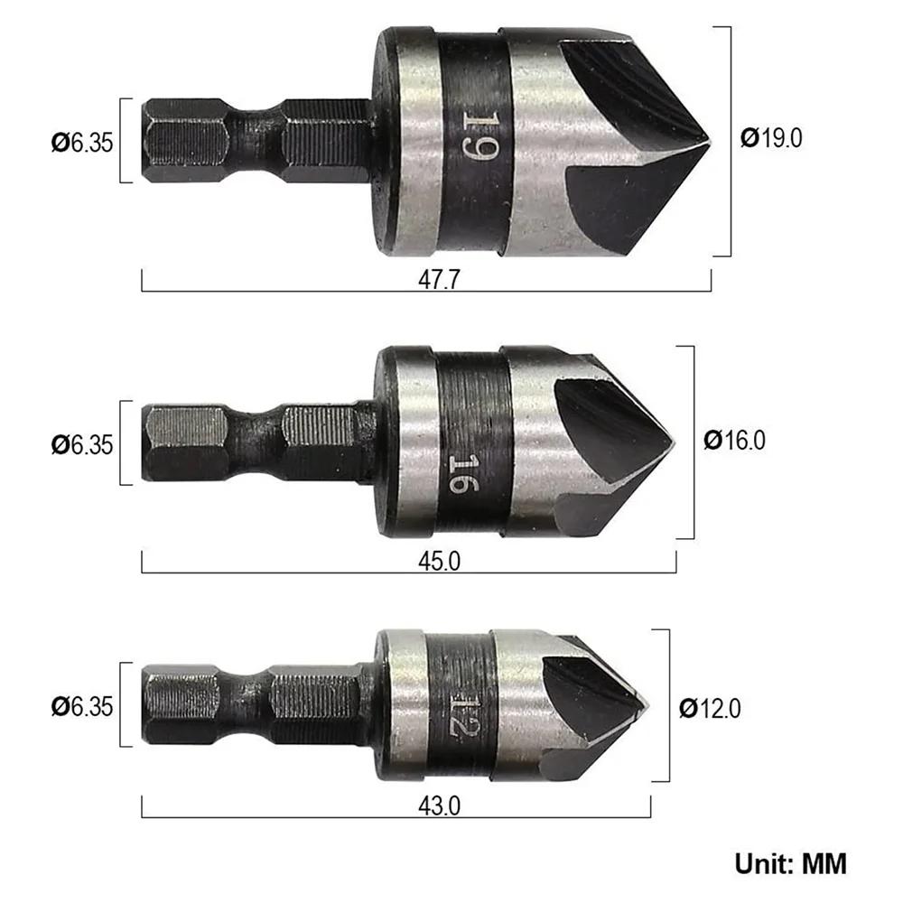12mm 16mm 19mm Countersink Drill Bit Set 1/4 Inch Hex Shank 90 Degree Chamfer Tool for Woodworking Accessories