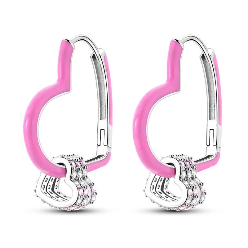 Original 100% 925 Sterling Silver Charm Double Hoop Earrings Heart Shaped Pendants Earrings For Women Elegant Party Jewelry Gift