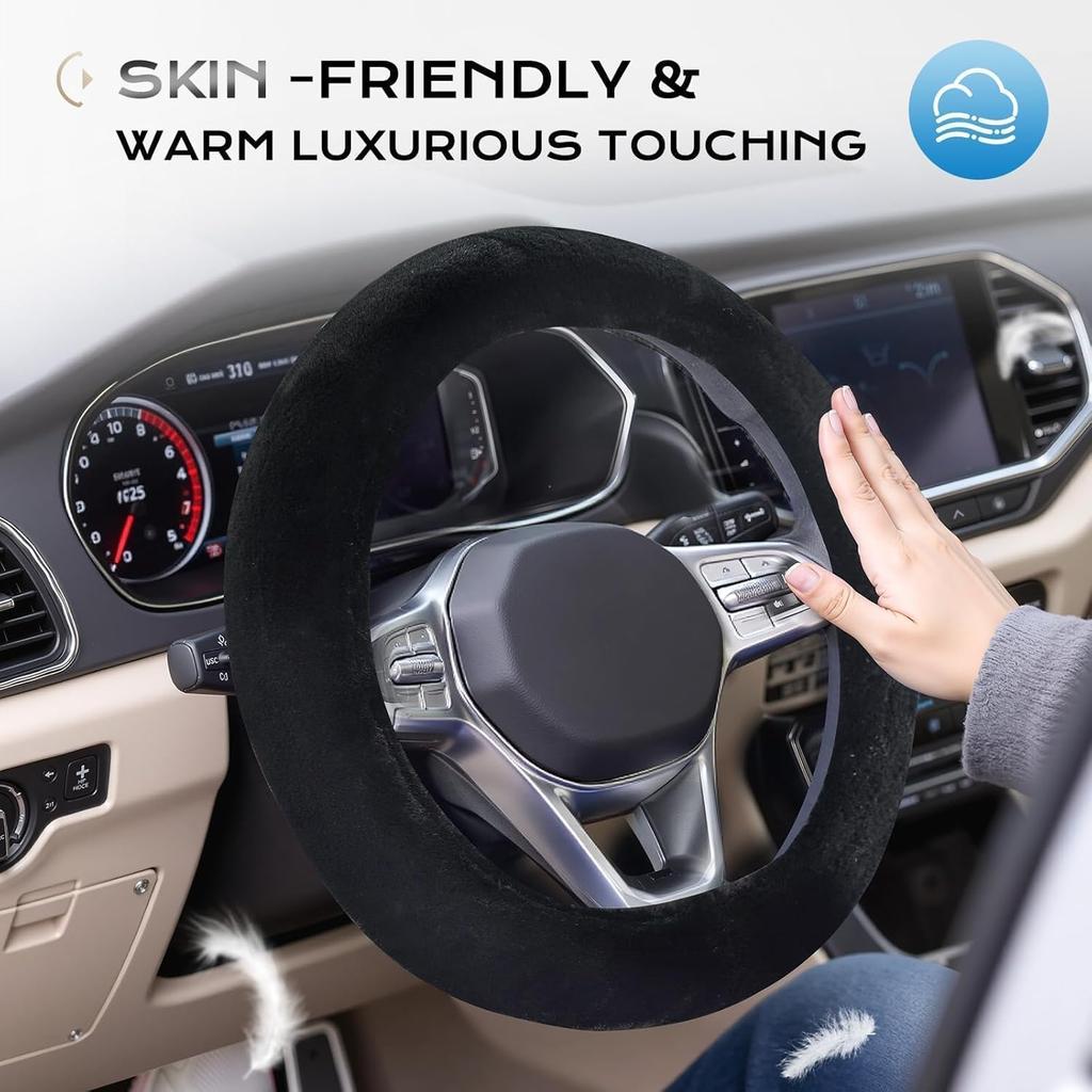 Coverado Winter Fluffy Steering Wheel Cover, Upgraded Anti-Slip Fuzzy Furry Car Steering Wheel Cover, Universal 14-15 inch, Soft Plush, Warm, No