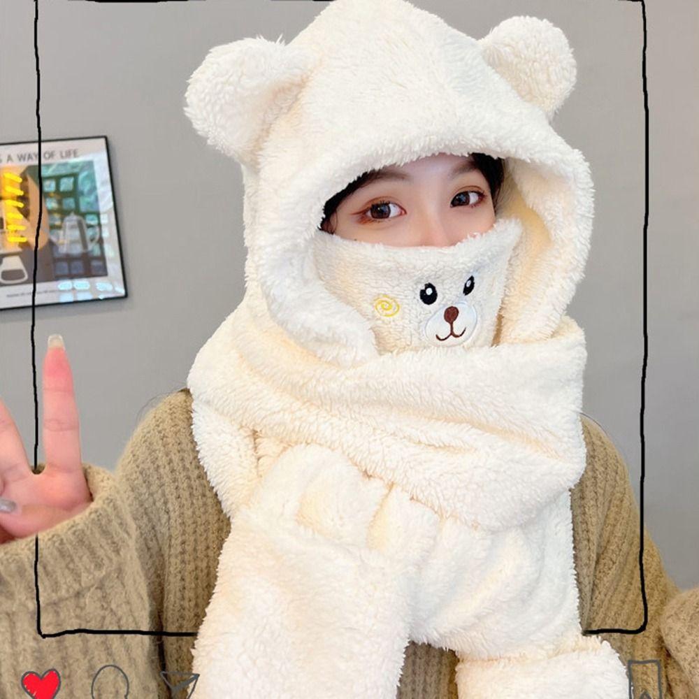 Korean Cap With Earmuffs Cartoon Hat With Mask Lamb Fleece Hat Scarf Women Plush Hat Winter Gloves