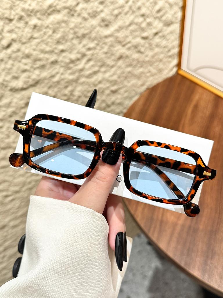 1Pc Fashionable Rectangular Frame Glasses With Rice Nail Decoration Unisex Perfect For Daily Wear Decorative Accessories
