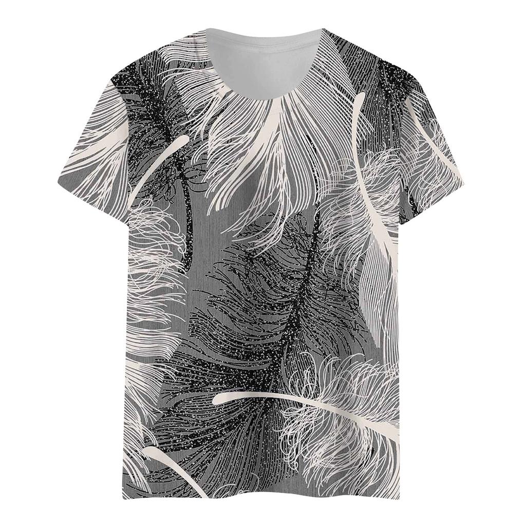 Women's Summer Feather Print Short Sleeve Round Neck Pullover T-shirt Top