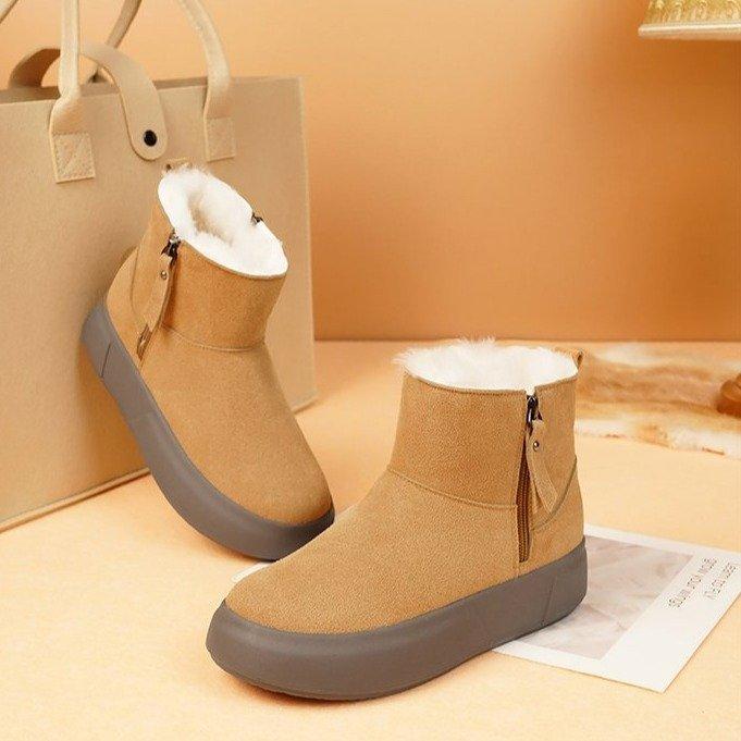 Winter snow boots women's soft leather short boots with fleece and thickened fur integrated flat-bottomed warm and cold-resistant cotton shoes
