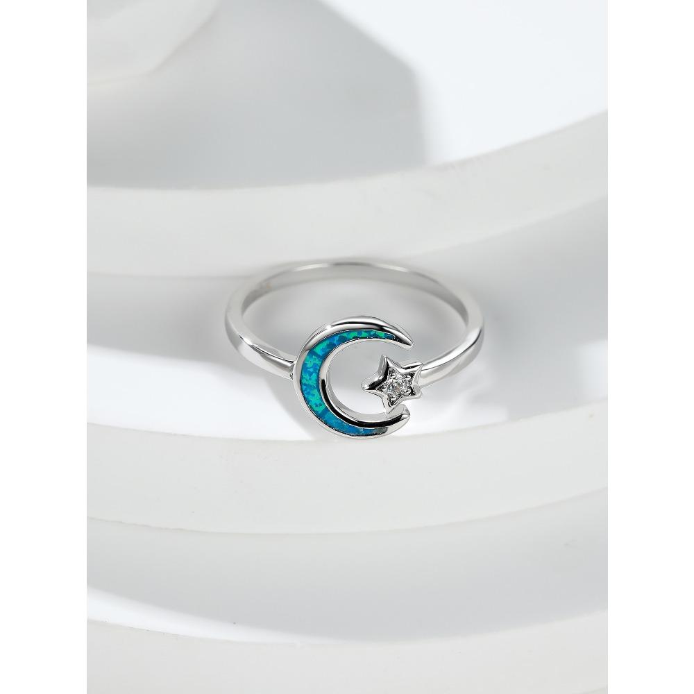 European and American Light Luxury Fashion Crescent Moon Star Blue and White Diamond Womens Versatile Ring
