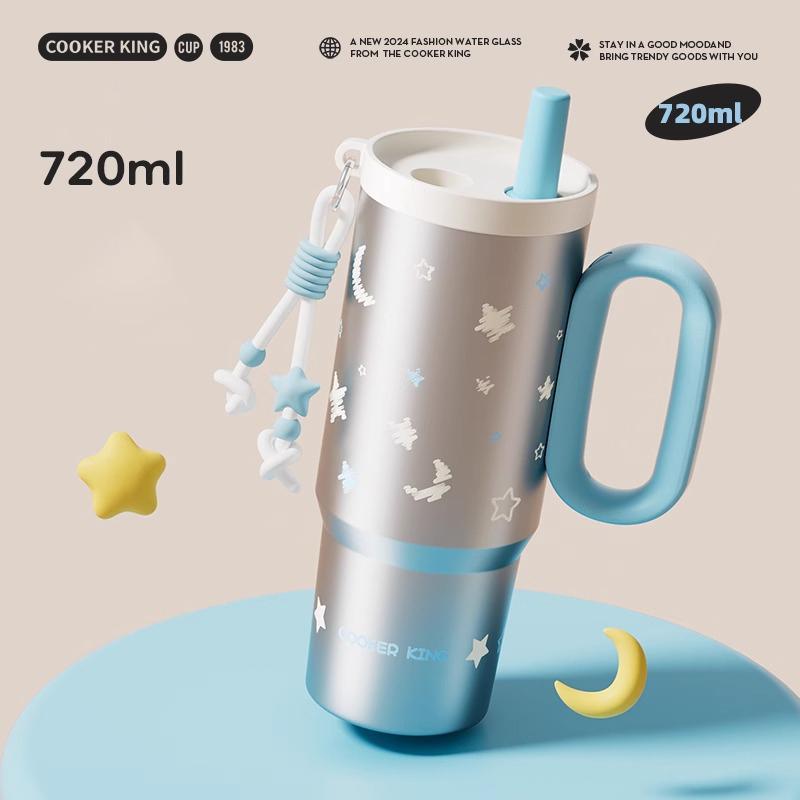 COOKER KING Stainless Steel Thermos Cup 720ML Insulated Water Bottle with Straw Leak-proof Car Vacuum Mug with Tea Strainer