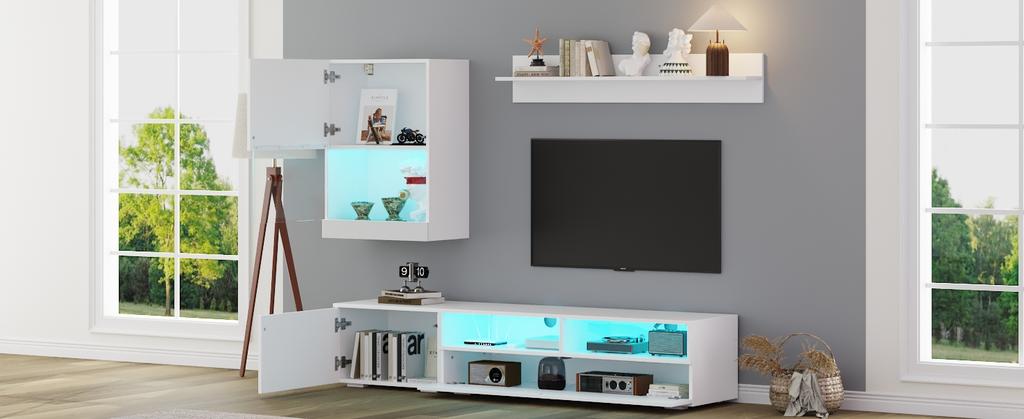 175*39*34cm TV Wall Unit with Display Cabinet (3-Piece Set), TV Board, Standing Shelf and Wall Shelf, LED and High Gloss, TV up to 80', White
