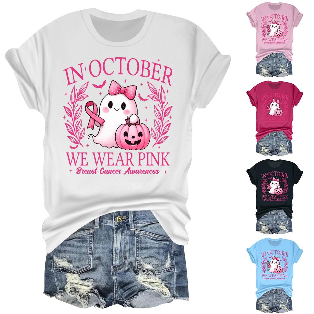 Women's Casual Halloween Breast Print T-Shirt Round Neck Pullover Short Sleeve Top