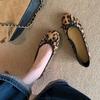 Sheepskin version~ leather French bow leopard print single shoes women's autumn new flat ballet shoes shallow mouth Mary Jane shoes