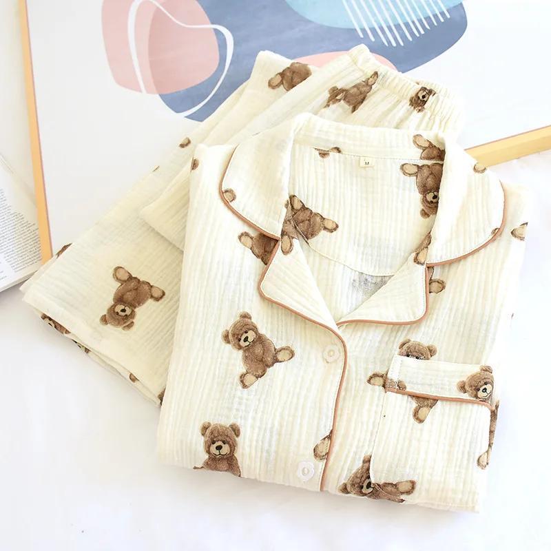 Spodnie damskie z długim rękawem, piżama z bawełnianej krepy, podwójna gaza, ubrania domowe, nadruk niedźwiedzia, oddychające ubrania domowe, 2-częściowa piżama