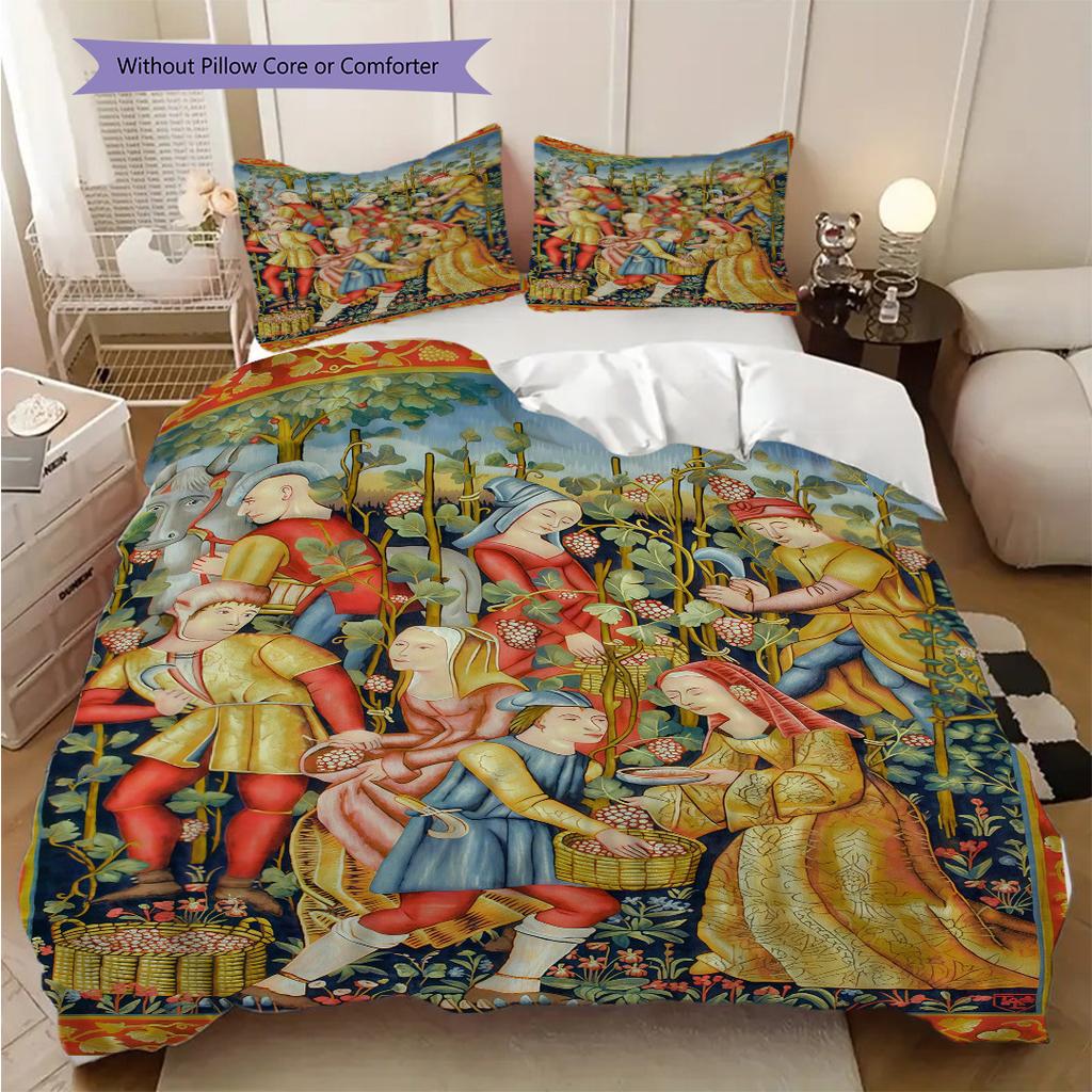 Medieval Court Life and Grape Harvesting Bedding, Duvet Cover, Pillowcase, Home Decoration, Birthday Gift (1 * Duvet Cover+2 * Pillowcase, Coreless)
