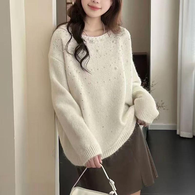 Korean High-End Beaded Knit Pullover for Women - Autumn/Winter Slimming Loose Sweater