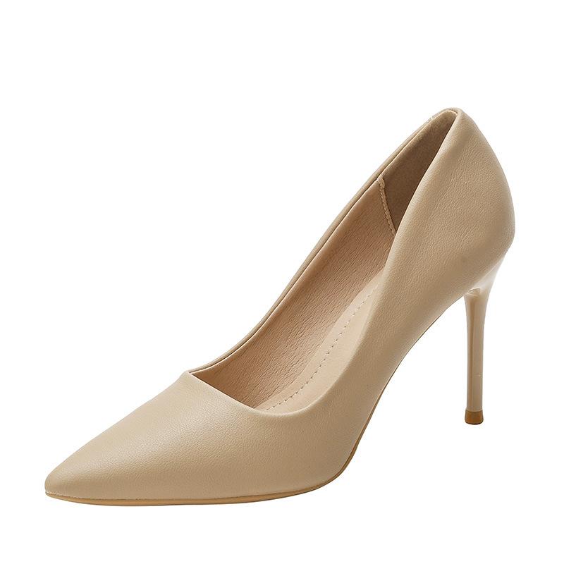 555-8 Nude high heels women's thin heels spring and summer French soft leather pointed temperament professional work shoes