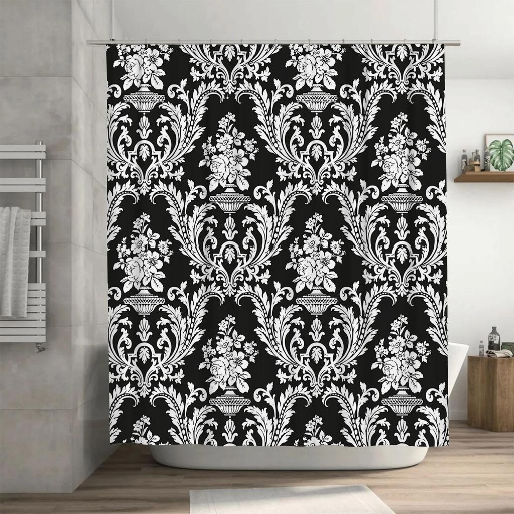 Black White Damask Shower Curtain Luxury Bathroom Decor