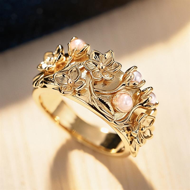 Vintage Floral Flower Pearl Wide Band Ring for Women Carved Sculpture Elegant Wedding Stackable Finger Jewelry Gift