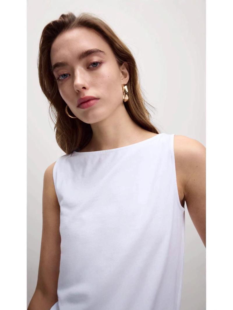 

Женский белый хлопковый топ с высоким воротником без рукавов, лето 2025 - Модный облегающий Extra Large белый