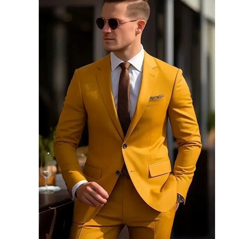 High Quality Men Suits Yellow Single Breasted Skinny 2 Pieces Jacket Pants Set Formal Wedding Outfits Costume Homme