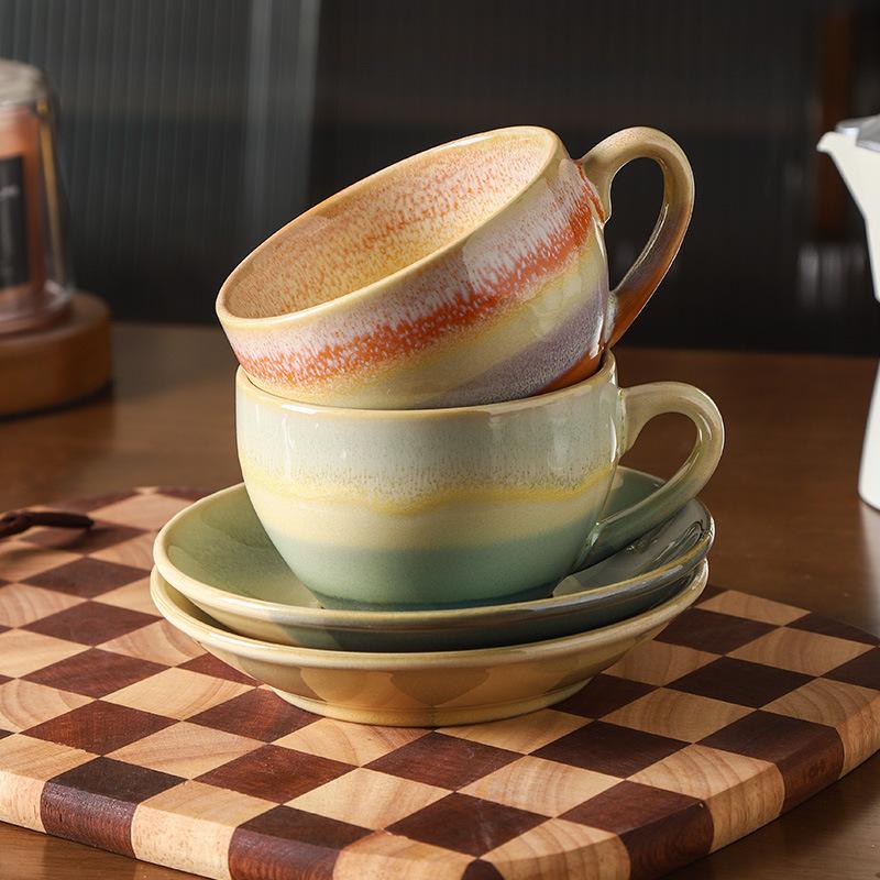 Ceramic Retro Kiln-Turned Coffee Cup and Plates Set Creative Vintage Chinese Breakfast Cups Afternoon Tea Drinking Utensils