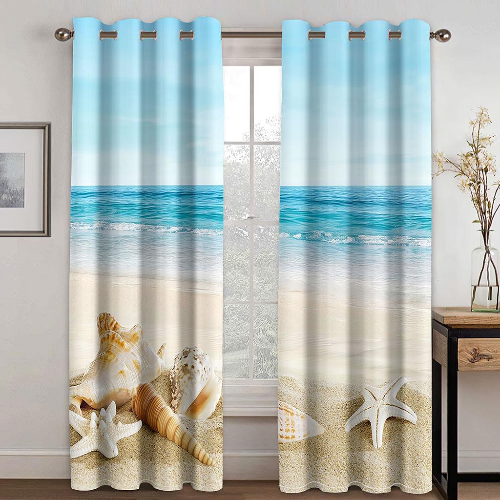 

Пляж Солнце 3D Шторы Морская звезда Ракушка Синие Шторы Спальня Балкон Окно Декоративные Шторы 2 Панели 50W130H(CM)X2PCS&Hook