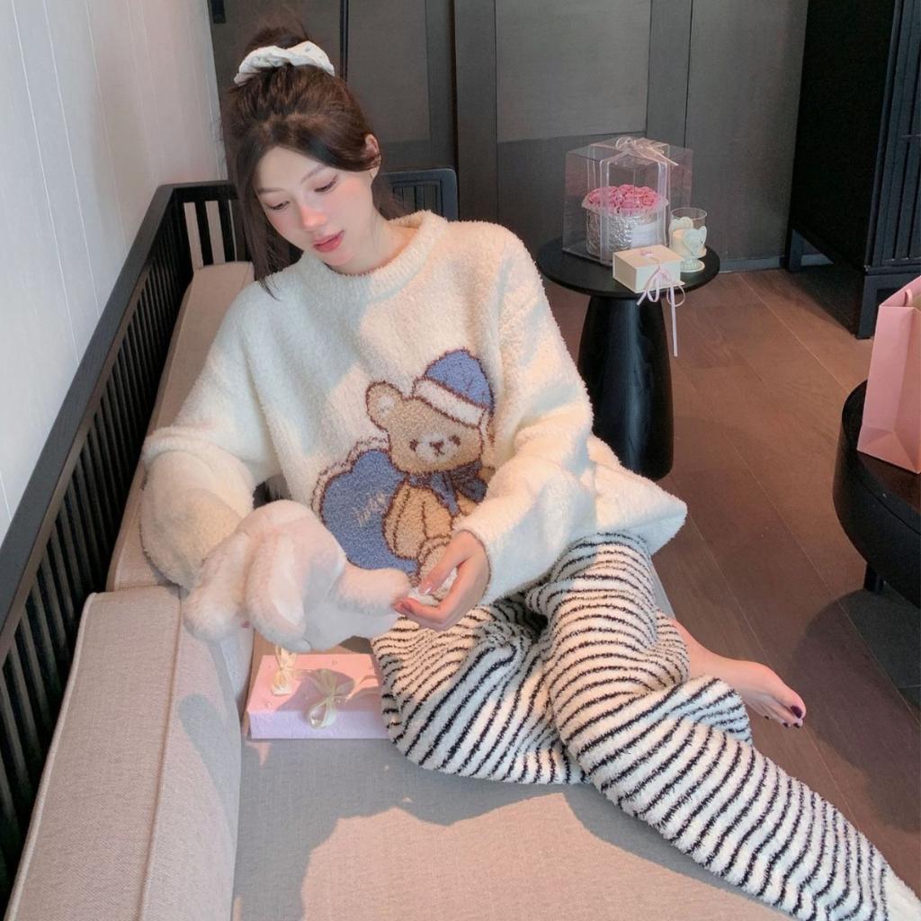 Autumn and winter new products cute cartoon bear pajamas girl soft thickened women's loungewear pajamas set loose