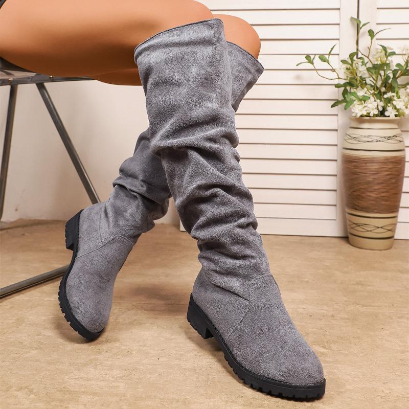 Suede Stacking Boots for Winter 2025 New Plus-size Fleece Low-heeled Sleeves Are No More Than Knee-length Boots for Women