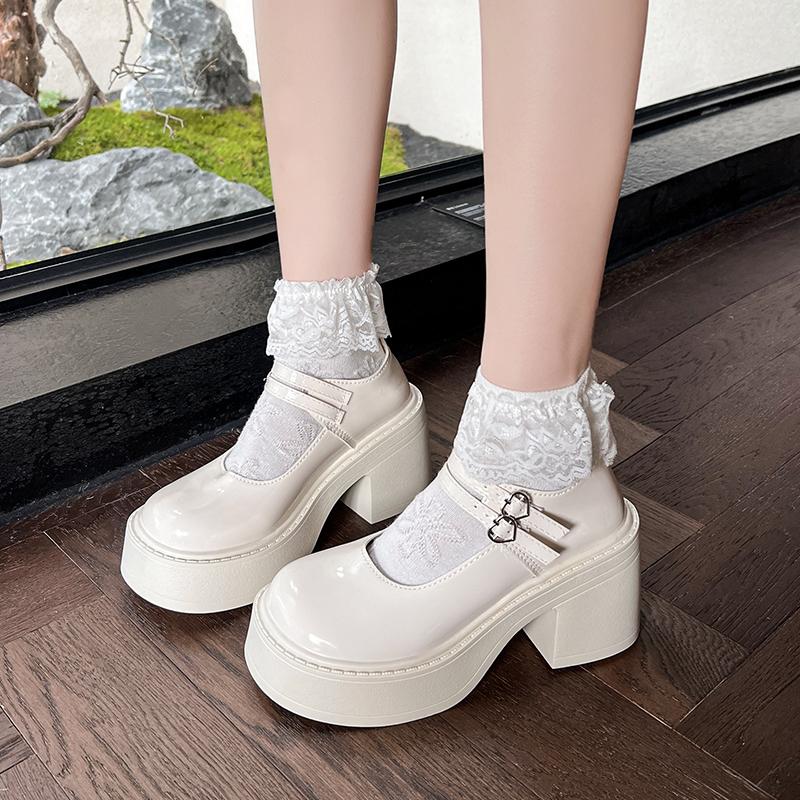 

Fashion Square Heel Mary Jane Single Shoes Summer New Round Toe Shallow Mouth Metal Slip with Platform Non-Slip Heels 35