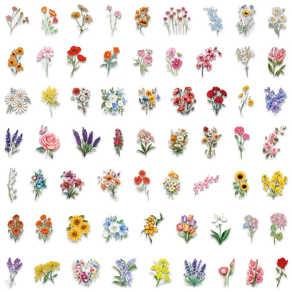 60pcs Transparent Flower Stickers Rose Tulip Lavender Dandelion Marigold Decals Scrapbooking Water Bottles Skateboard DIY Crafts