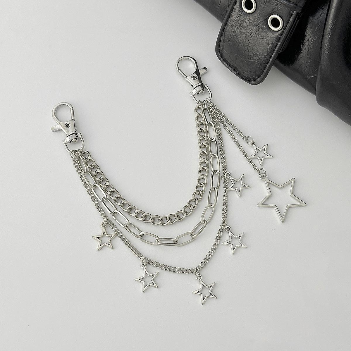 Hip-hop Punk Cross Five-pointed Star Multi-layer Tassel Pendant Key Chains Bag Chain Pendant for Women Trouser Chain Jewelry