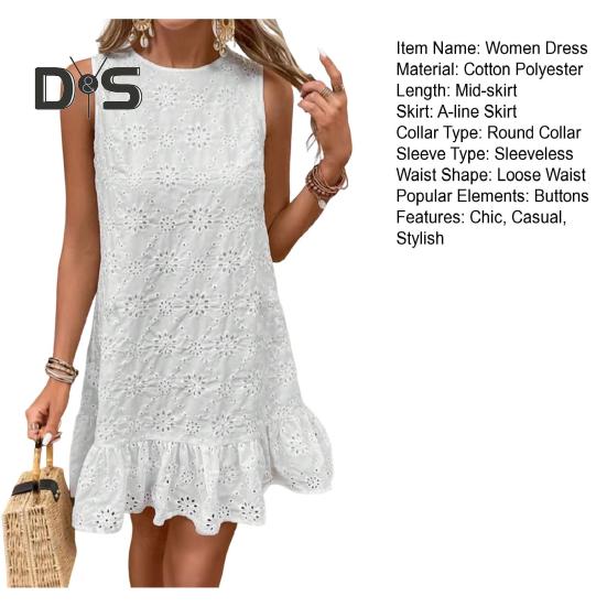 Women's Summer Mini Dress Casual Hollow Out Sleeveless Cotton Dress Boho Loose Crew Neck Short Dress for Beach Holiday