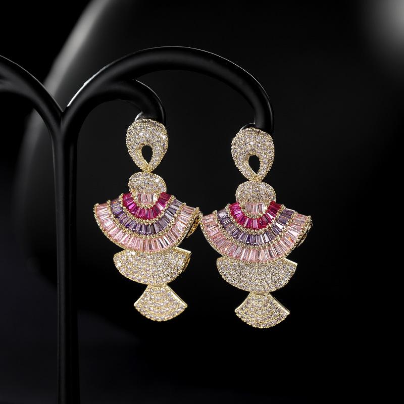 Colorful Gradient Zircon Fan-Shaped Dangle Earrings with S925 Silver Needle